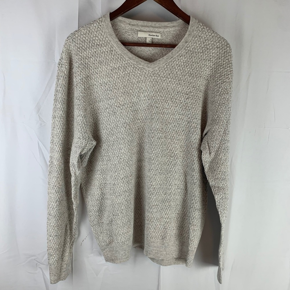 Hawker Rye V-Neck Sweater Mens L Natural Oatmeal‎ Cotton Linen Textured Knit